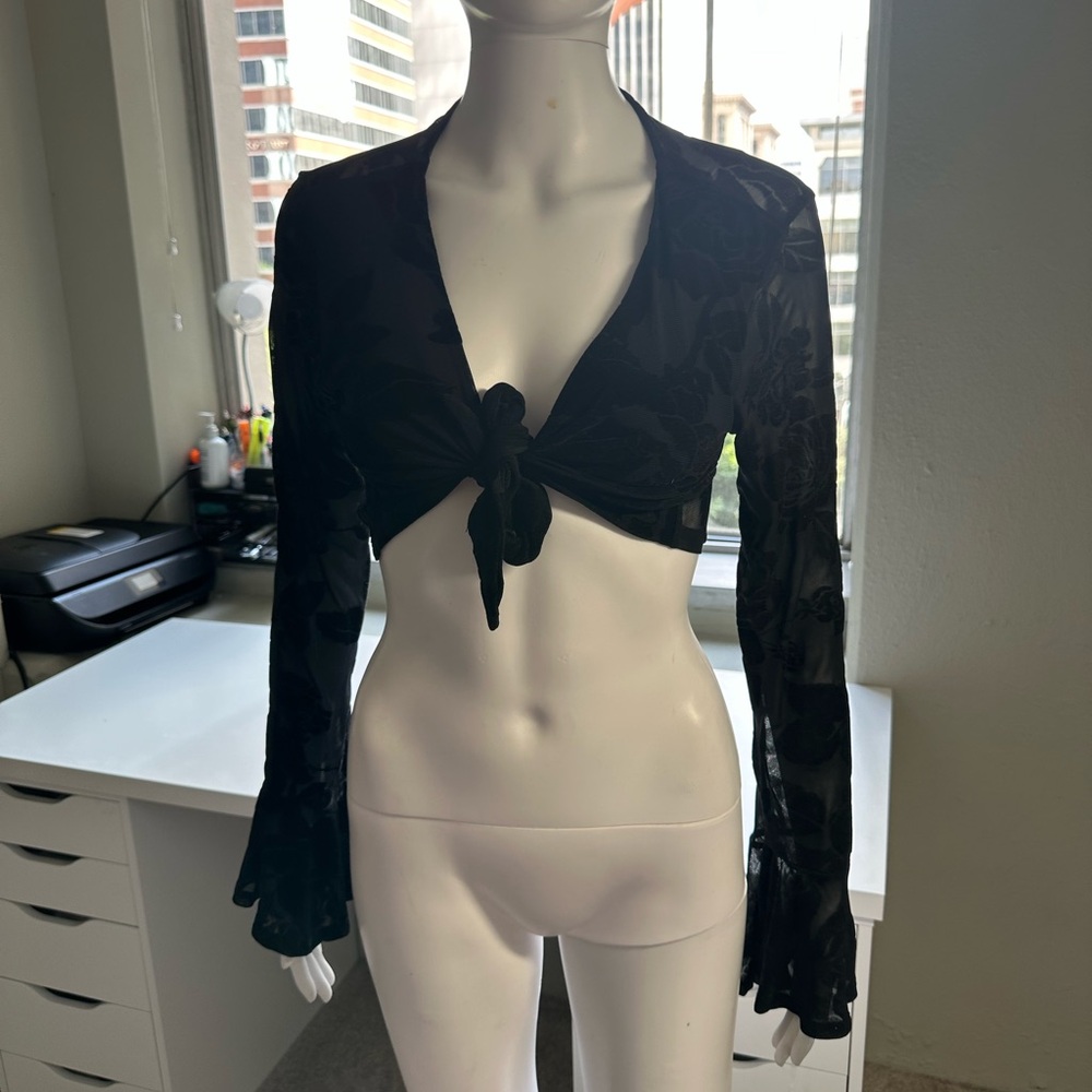 Black velvet smocked and mesh floral Tie-Front Top